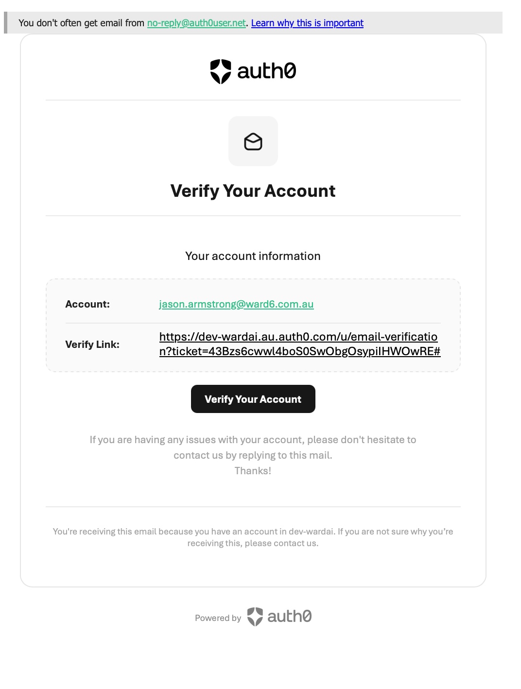 Verification email content with a Verify Your Account button
