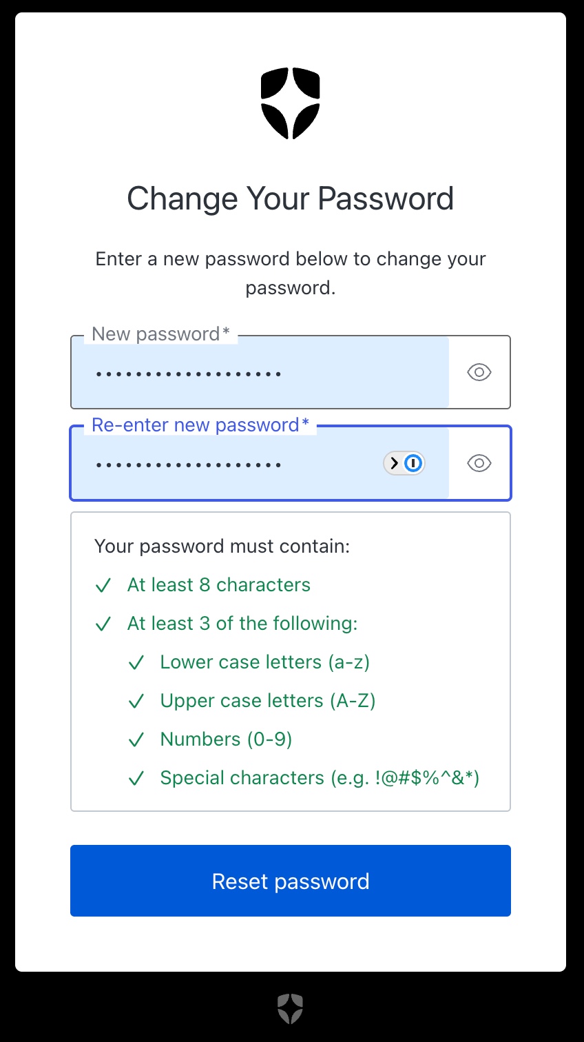 Change Your Password form with password requirements all ticked green