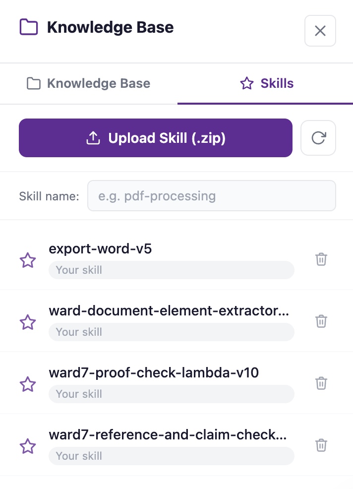 The Skills tab listing installed skills, each row with a bin delete icon on the far right