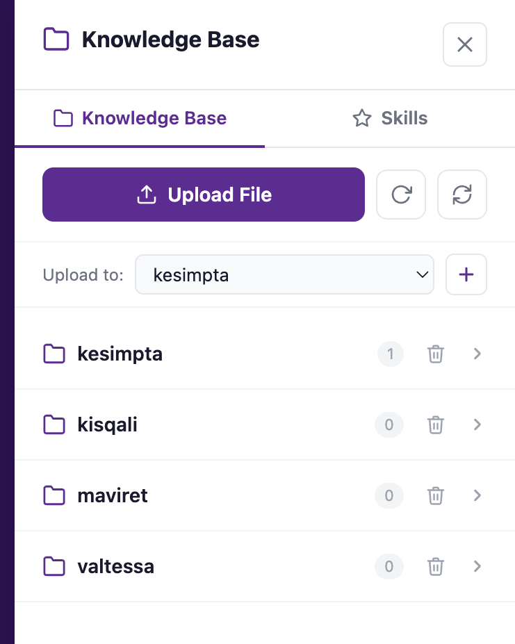 The Knowledge Base panel open, showing the brand folders
