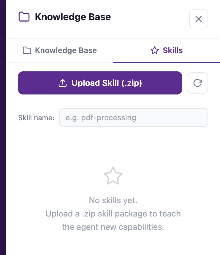 The Skills tab selected, with the Upload Skill button and an empty skills list