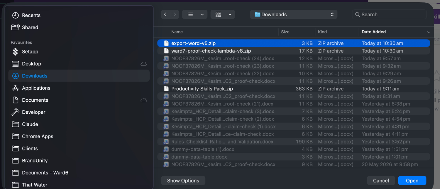 The Finder window with the skill zip package selected and the Open button