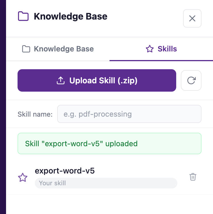 The Skills tab showing the uploaded skill and a success message